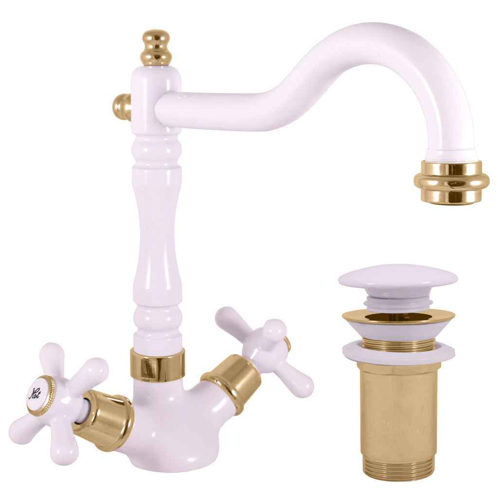 Basin mixer tap with pop-up waste MORAVA RETRO WHITE/GOLD