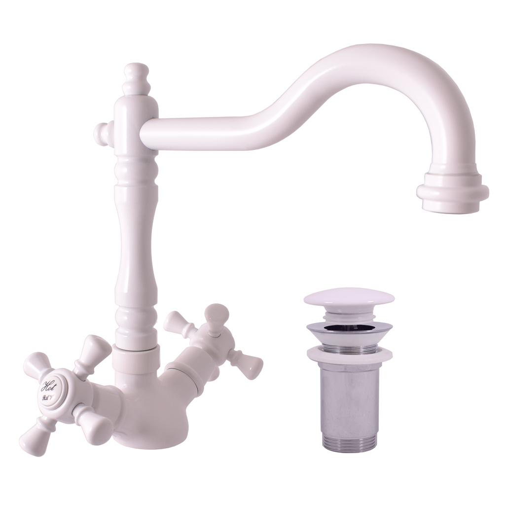 Basin mixer tap with click-clack MORAVA RETRO GLOSSY WHITE