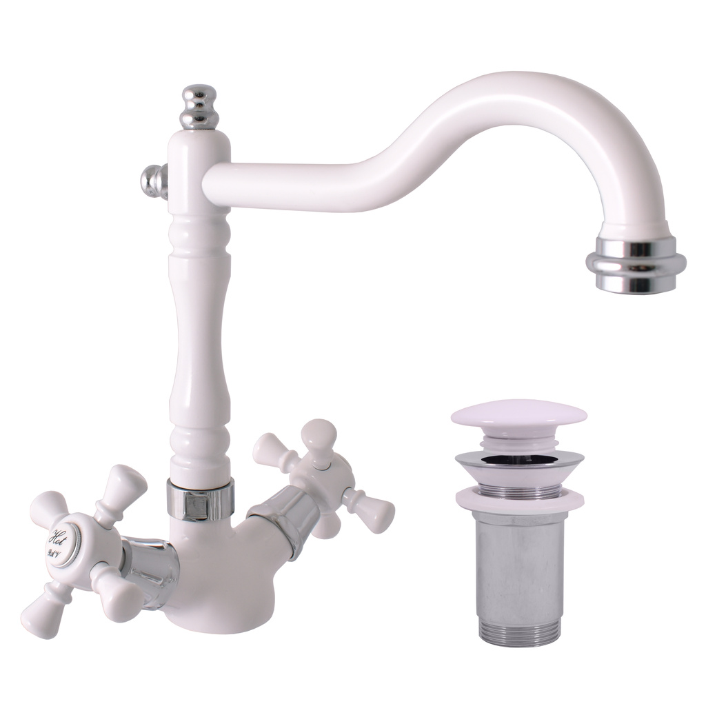 Basin mixer tap with pop-up waste MORAVA RETRO GLOSSY WHITE/CHROME