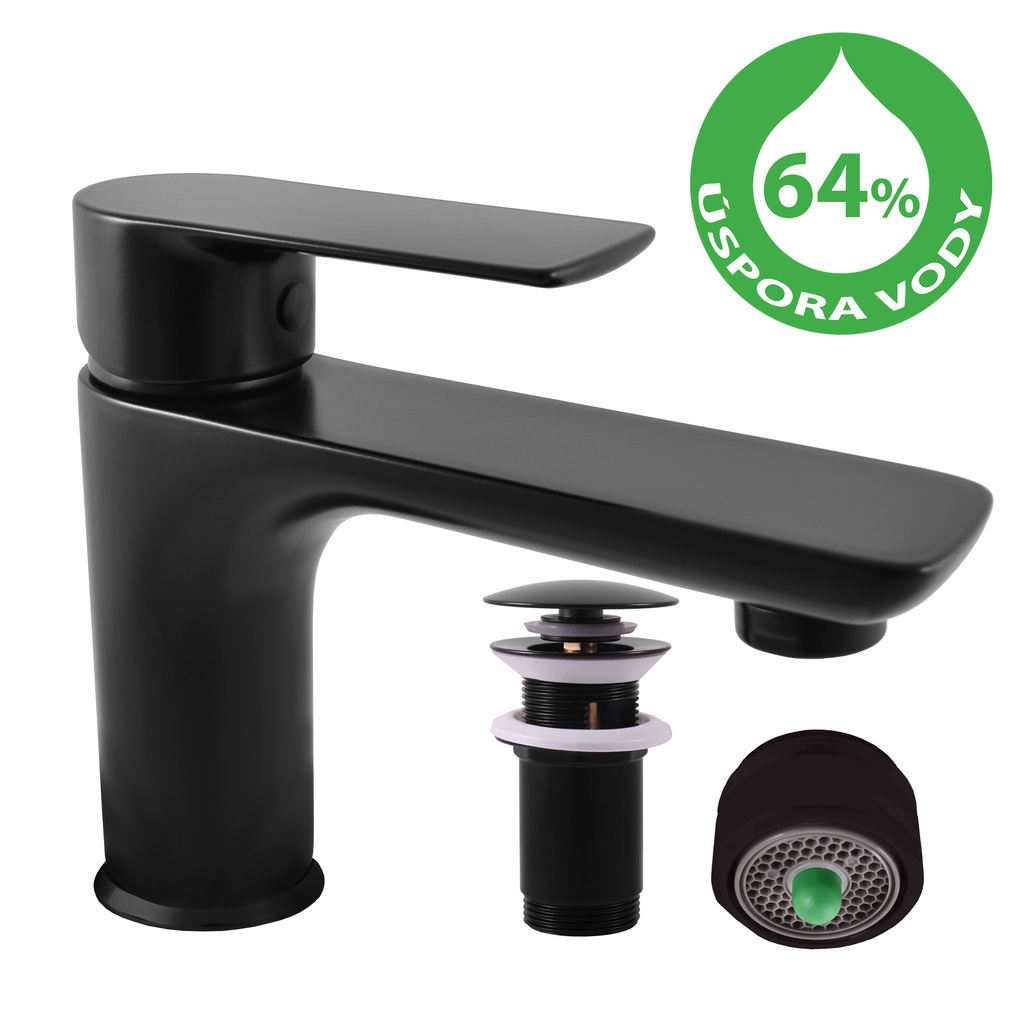 Water-saving basin lever mixer with pop-up waste  VLTAVA ECO BLACK MATT